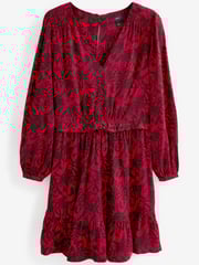 Red Feather Print Long Sleeve Mini V-Neck Dress - Image 5 of 6