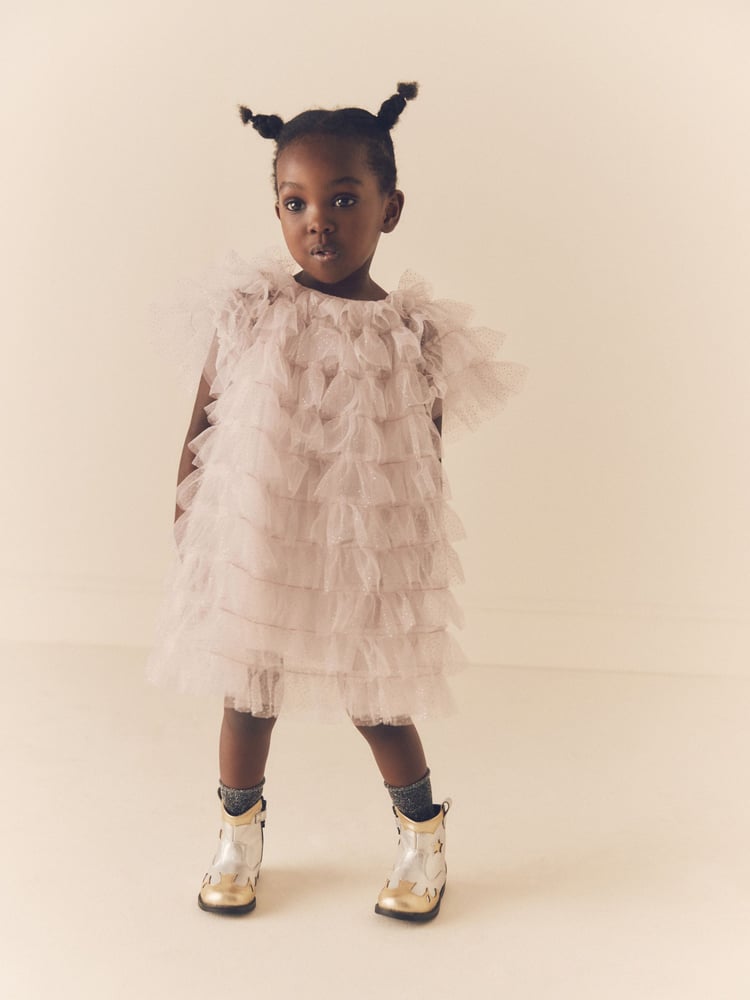 Shell Pink Sparkle Ruffle Mesh Dress (3mths-8yrs) - Image 2 of 6
