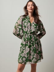 Green/Pink Floral Tie Neck Belted Long Sleeve Mini Dress - Image 1 of 6