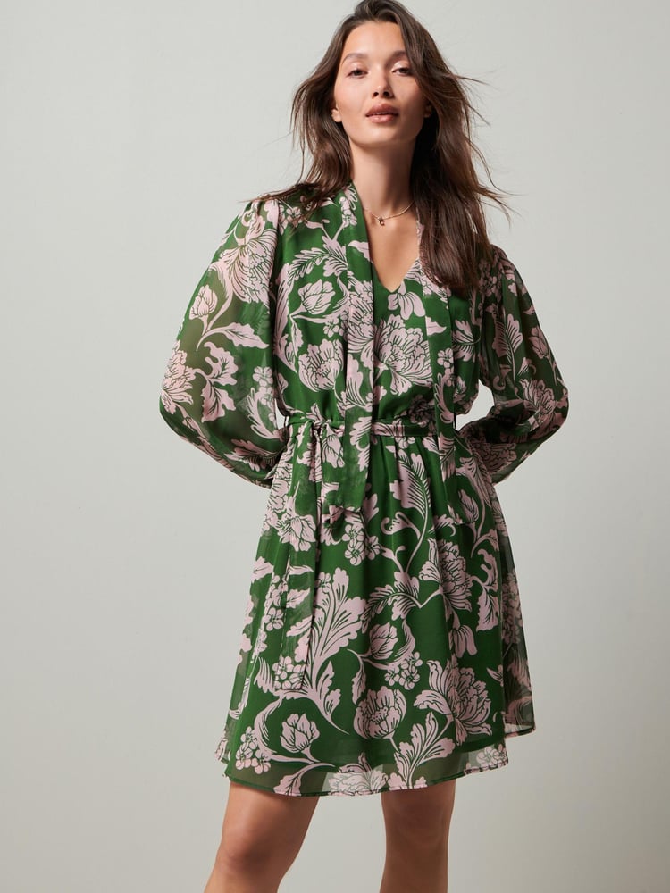 Green/Pink Floral Tie Neck Belted Long Sleeve Mini Dress - Image 1 of 6