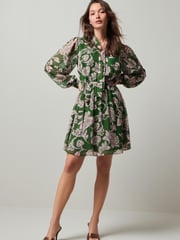 Green/Pink Floral Tie Neck Belted Long Sleeve Mini Dress - Image 2 of 6