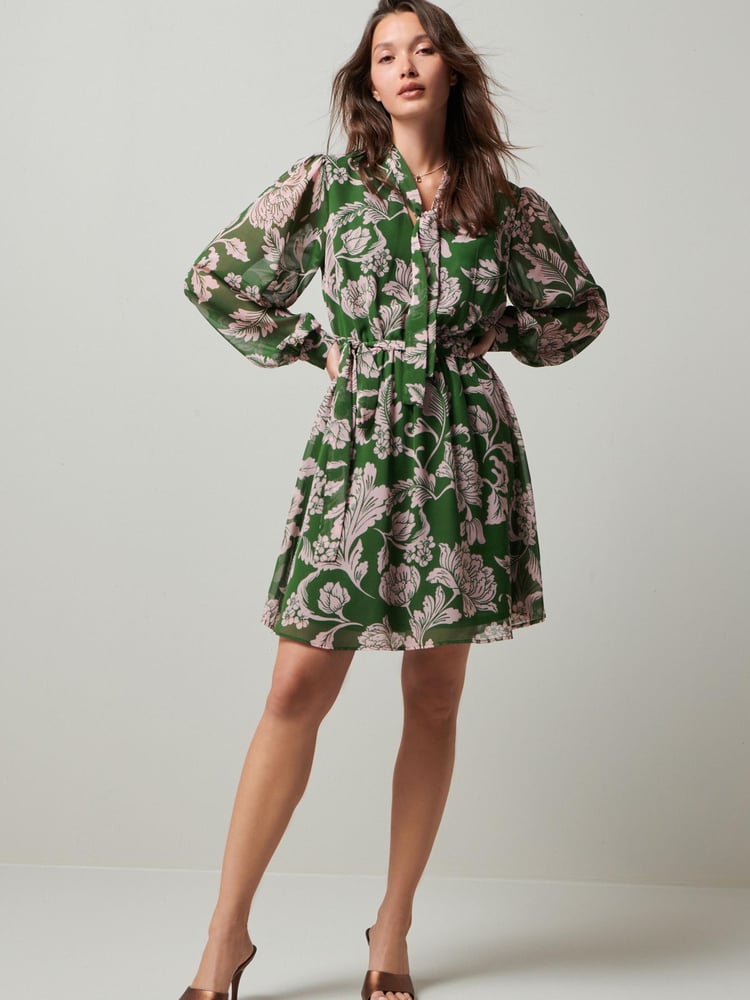 Green/Pink Floral Tie Neck Belted Long Sleeve Mini Dress - Image 2 of 6