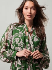 Green/Pink Floral Tie Neck Belted Long Sleeve Mini Dress - Image 4 of 6