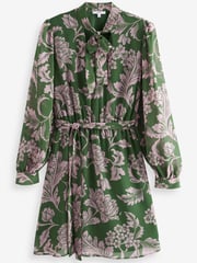 Green/Pink Floral Tie Neck Belted Long Sleeve Mini Dress - Image 5 of 6