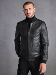 Black Signature Leather Bomber Jacket - Image 1 of 8
