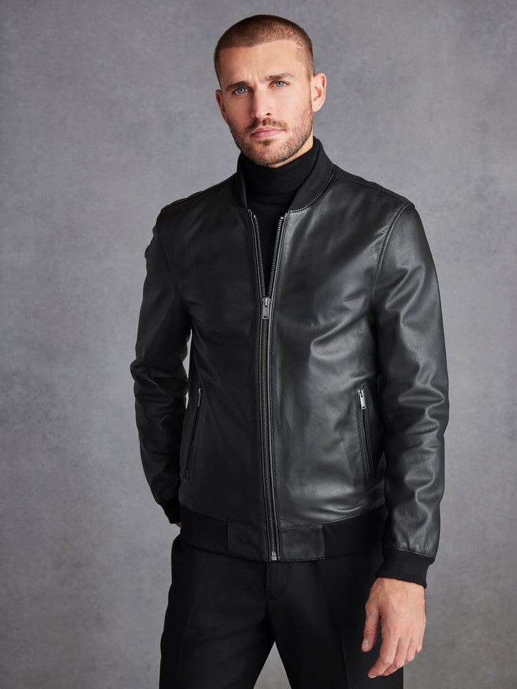 Black Signature Leather Bomber Jacket - Image 1 of 8