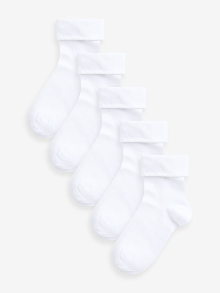 White 5 Pack Cotton Rich Roll Top Ankle School Socks - Image 1 of 2