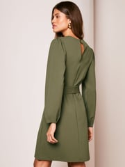 Lipsy Khaki Green Long Sleeve Round Neck Tie Waist Shift Dress - Image 2 of 4