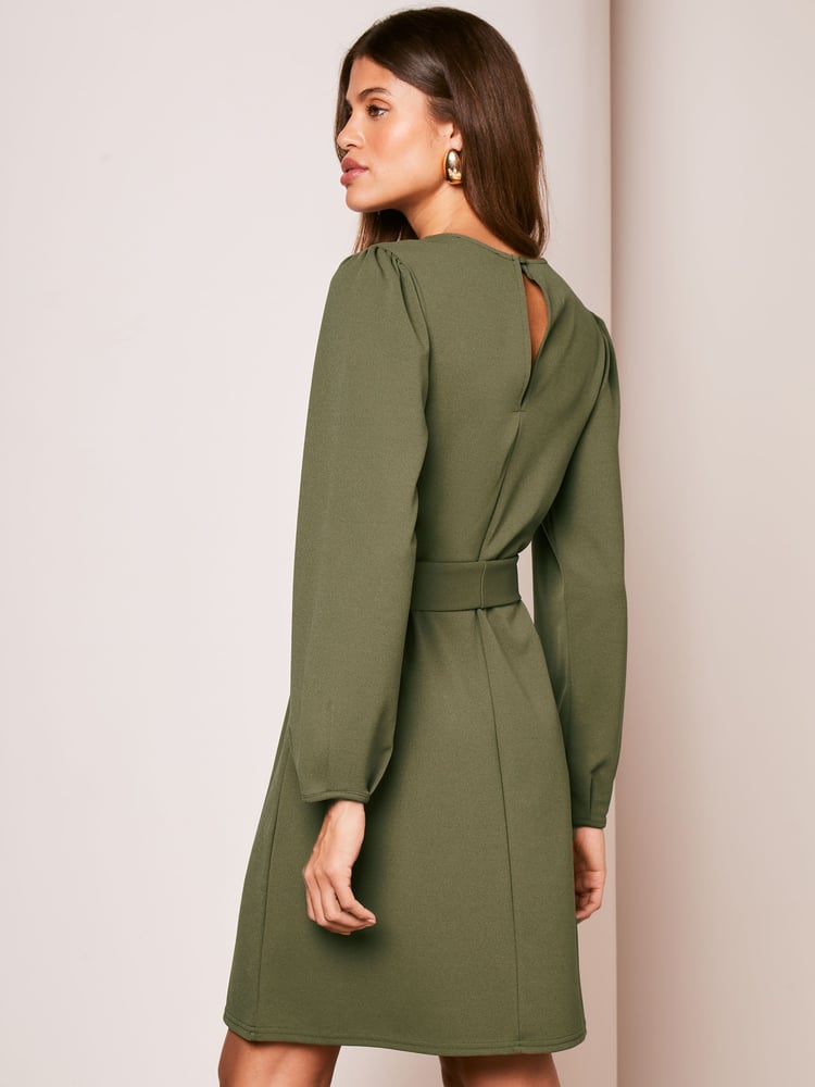 Lipsy Khaki Green Long Sleeve Round Neck Tie Waist Shift Dress - Image 2 of 4 Lipsy Khaki Green Long Sleeve Round Neck Tie Waist Shift Dress - Image 2 of 4