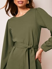 Lipsy Khaki Green Long Sleeve Round Neck Tie Waist Shift Dress - Image 4 of 4