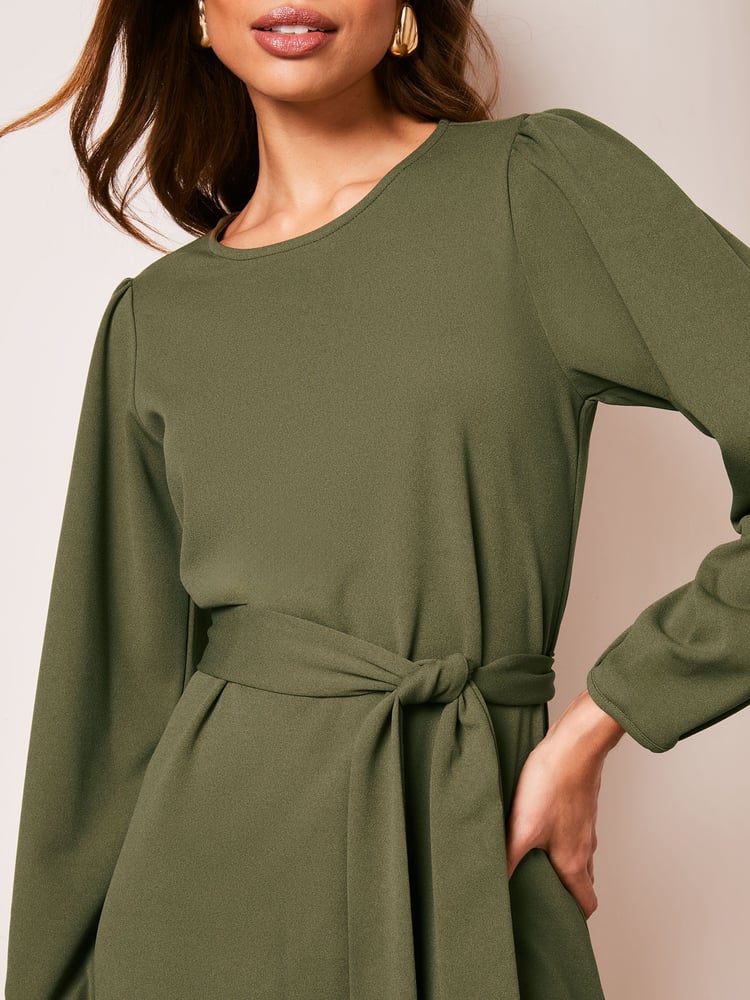 Lipsy Khaki Green Long Sleeve Round Neck Tie Waist Shift Dress - Image 4 of 4 Lipsy Khaki Green Long Sleeve Round Neck Tie Waist Shift Dress - Image 4 of 4