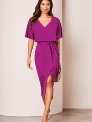 Lipsy Pink V Neck Flutter Sleeve Belted Midi Dress - Image 1 of 4