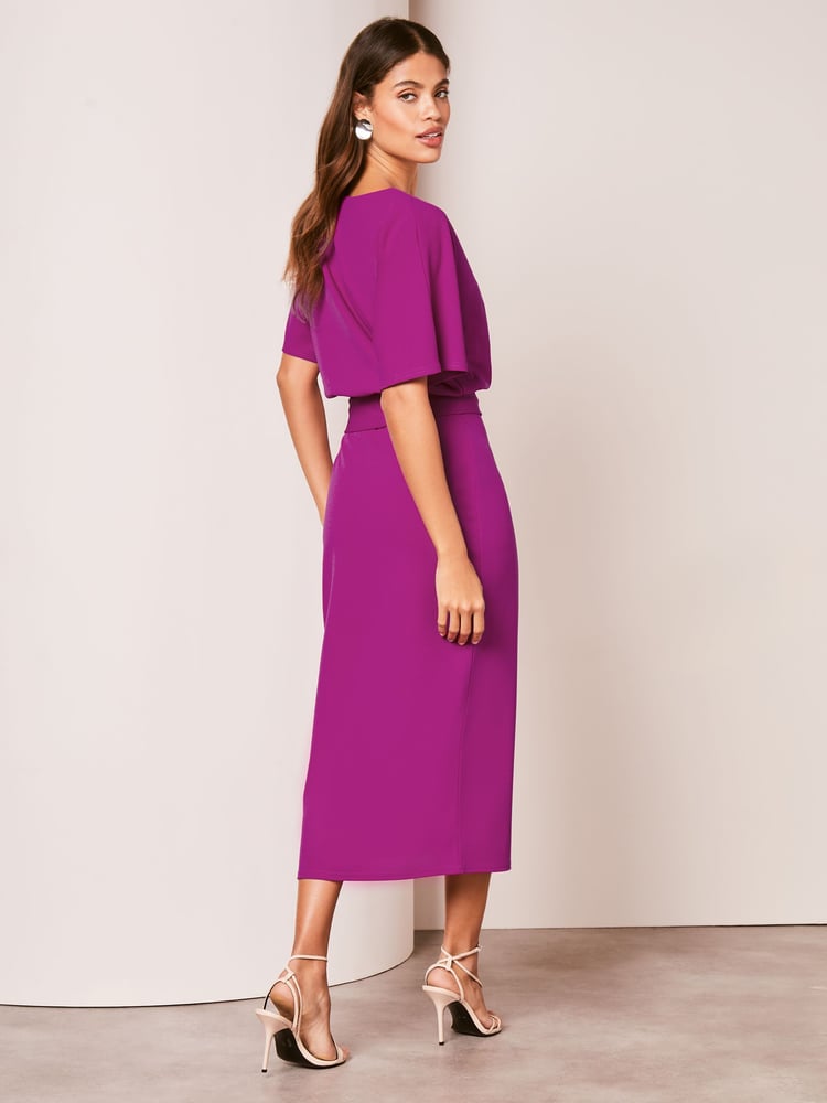 Lipsy Pink V Neck Flutter Sleeve Belted Midi Dress - Image 2 of 4