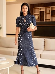 Lipsy Navy Blue White Polka Dot Printed Short Puff Sleeve Gathered Waist Jersey Midi Dress - Image 1 of 4