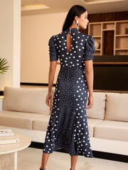 Lipsy Navy Blue White Polka Dot Printed Short Puff Sleeve Gathered Waist Jersey Midi Dress - Image 3 of 4