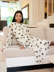 Lipsy Black/White Long Sleeve Gathered Waist Polka Dot Midi Dress - Image 1 of 4