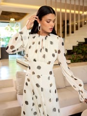 Lipsy Black/White Long Sleeve Gathered Waist Polka Dot Midi Dress - Image 2 of 4