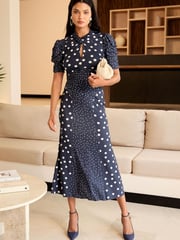 Lipsy White Polka Dot Petite Short Sleeve Gathered Waist Midi Dress - Image 1 of 4