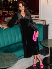 Pour Moi Black Charlotte Tie Back Stretch Velvet Long Sleeve Midi Dress - Image 1 of 4