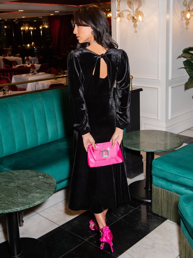 Pour Moi Black Charlotte Tie Back Stretch Velvet Long Sleeve Midi Dress - Image 2 of 4