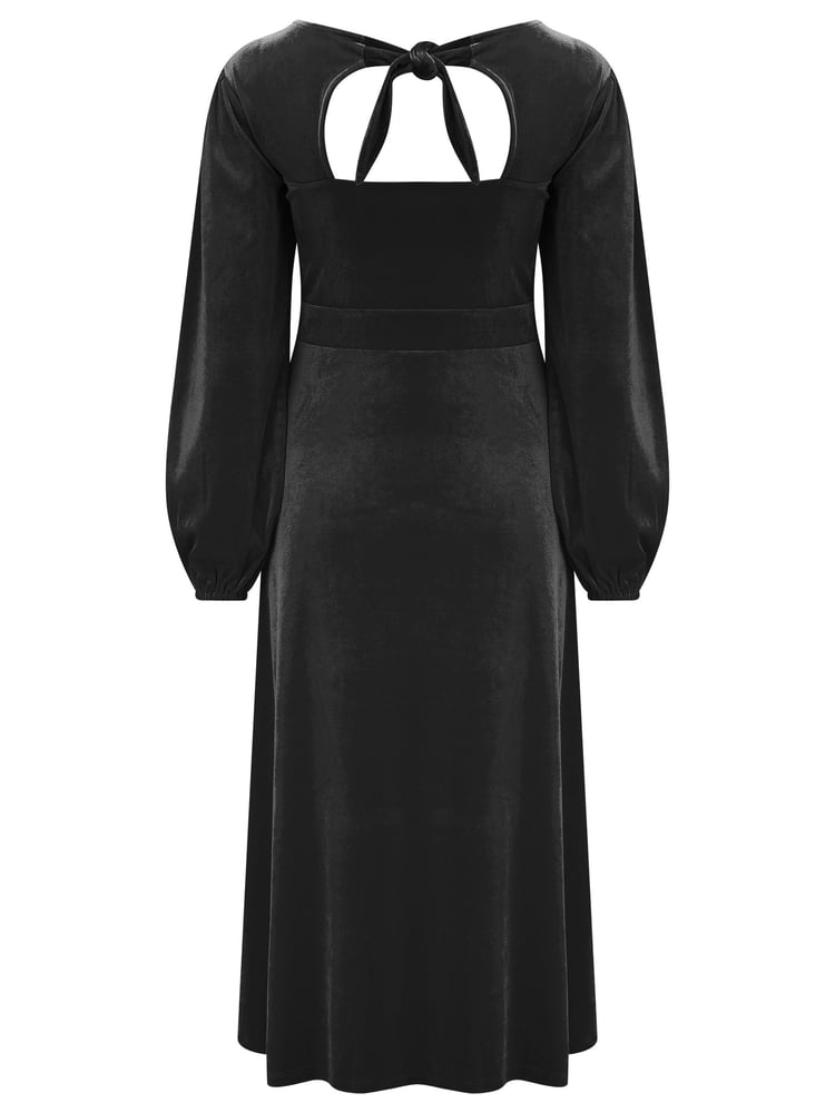 Pour Moi Black Charlotte Tie Back Stretch Velvet Long Sleeve Midi Dress - Image 4 of 4