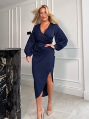 Girl In Mind Navy Elsa Long Sleeve Wrap Asymmetric Dress - Image 1 of 3