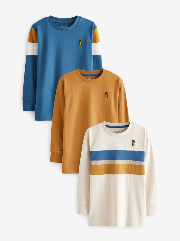 Ochre Yellow/Cream 100% Cotton Long Sleeve Colourblock T-Shirts 3 Pack (3-16yrs) - Image 1 of 6 Ochre Yellow/Cream 100% Cotton Long Sleeve Colourblock T-Shirts 3 Pack (3-16yrs) - Image 1 of 6