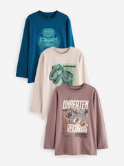 Blue Dino Graphic 100% Cotton Long Sleeve T-Shirts 3 Pack (3-16yrs) - Image 1 of 6