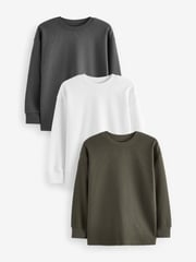 Khaki Green/ Charcoal/ White Long Sleeve Textured T-Shirts 3 Pack (3-16yrs) - Image 1 of 6