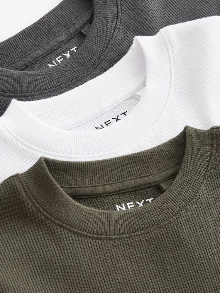 Khaki Green/ Charcoal/ White Long Sleeve Textured T-Shirts 3 Pack (3-16yrs) - Image 6 of 6