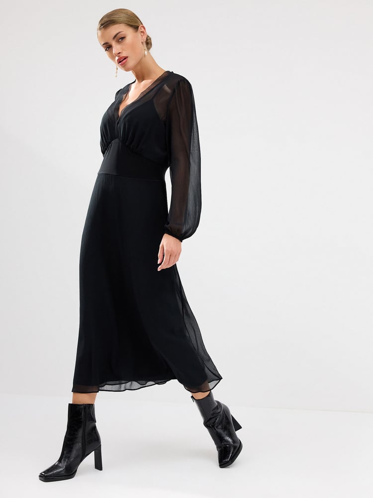 Black Long Sleeve Sheer Layer Midi Dress - Image 1 of 6