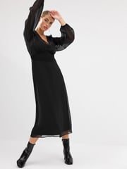 Black Long Sleeve Sheer Layer Midi Dress - Image 2 of 6