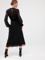 Black Long Sleeve Sheer Layer Midi Dress - Image 3 of 6
