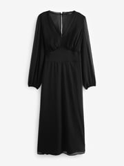 Black Long Sleeve Sheer Layer Midi Dress - Image 5 of 6