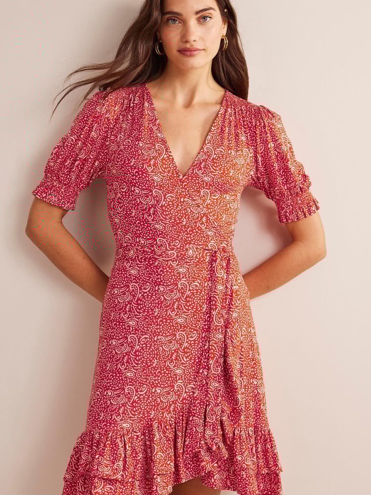 Boden Red Ruffle Wrap Jersey Mini Dress - Image 1 of 4 Boden Red Ruffle Wrap Jersey Mini Dress - Image 1 of 4