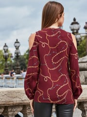 Sosandar Red Chain Print Cold Shoulder Top - Image 2 of 5