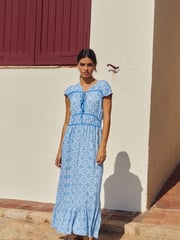 Blue Tile Print Tie Front Short Sleeve Maxi Dress - Image 1 of 6