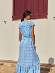 Blue Tile Print Tie Front Short Sleeve Maxi Dress - Image 2 of 6