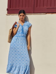 Blue Tile Print Tie Front Short Sleeve Maxi Dress - Image 3 of 6
