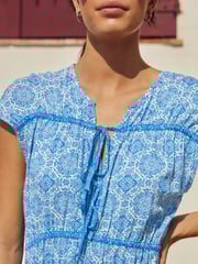 Blue Tile Print Tie Front Short Sleeve Maxi Dress - Image 4 of 6