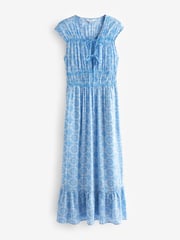 Blue Tile Print Tie Front Short Sleeve Maxi Dress - Image 5 of 6
