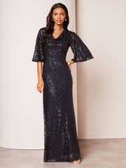 Lipsy Navy Blue Reversible Cowl Neck Sequin Maxi Dress - Image 1 of 4