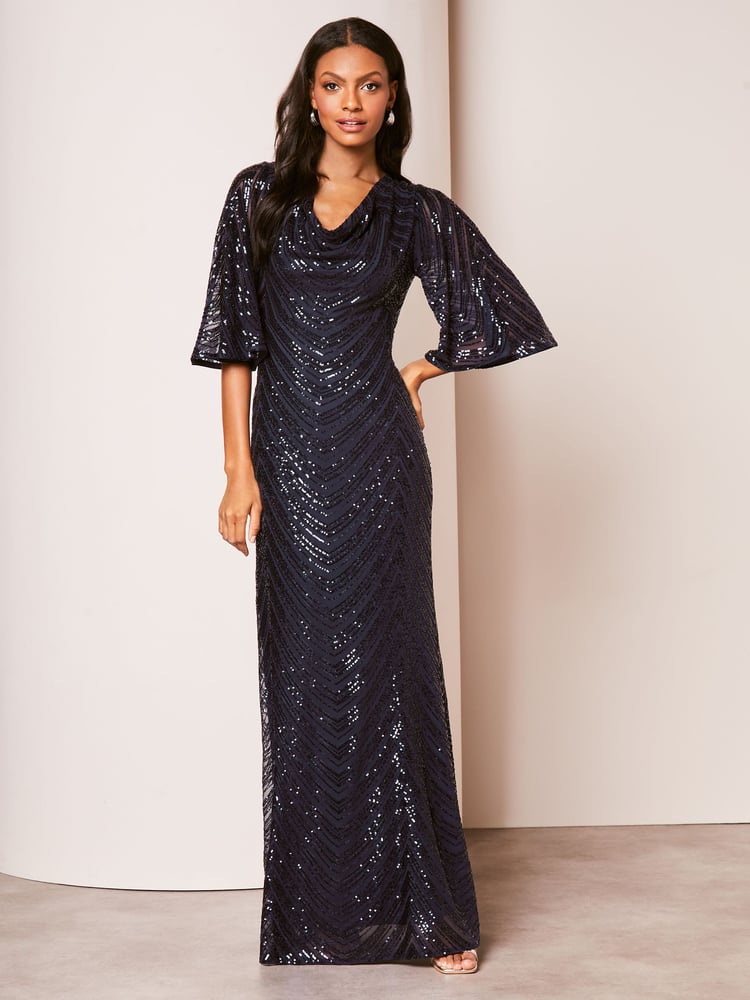 Lipsy Navy Blue Reversible Cowl Neck Sequin Maxi Dress - Image 1 of 4
