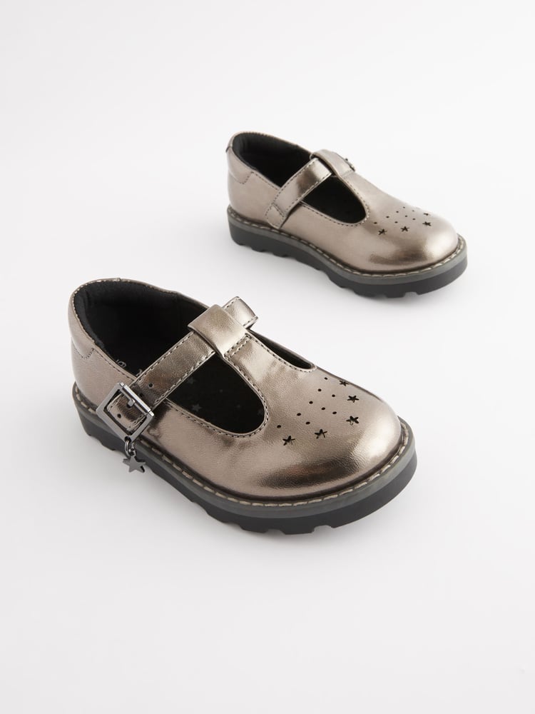 Silver Wide Fit (G) T-Bar Adjustable Buckle Shoes - Image 1 of 6