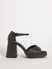 Simply Be Black Extra Wide Fit Diamanté Heel Platform Sandals - Image 1 of 3