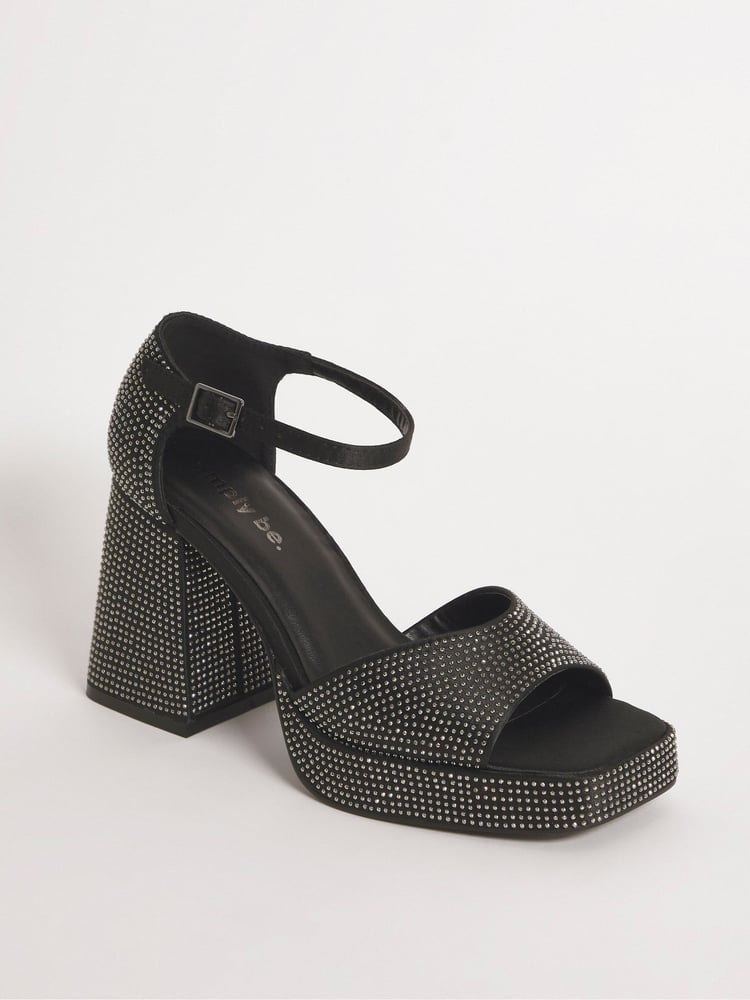 Simply Be Black Extra Wide Fit Diamanté Heel Platform Sandals - Image 2 of 3