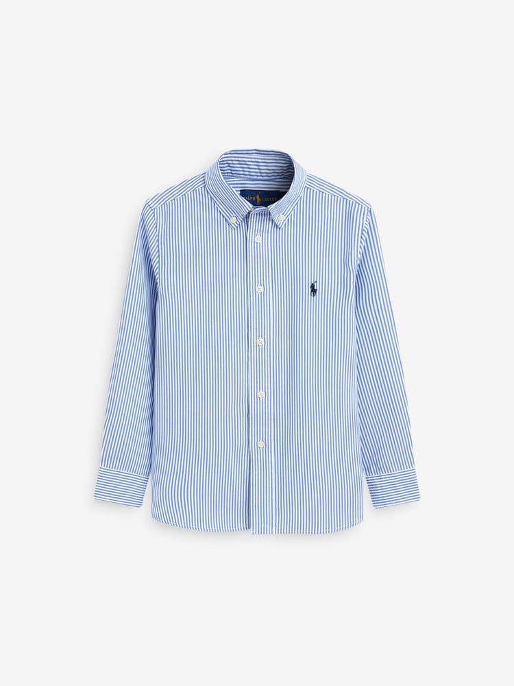 Polo Ralph Lauren White Boys Striped Poplin Logo White Shirt - Image 1 of 3 Polo Ralph Lauren White Boys Striped Poplin Logo White Shirt - Image 1 of 3