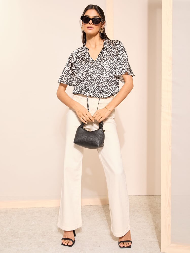 Friends Like These Black Polka Dot Printed Flutter Sleeve Keyhole Blouse - Image 2 of 4