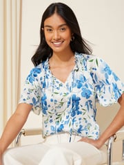 Friends Like These Red Print Printed Flutter Sleeve Keyhole Blouse - Image 1 of 4