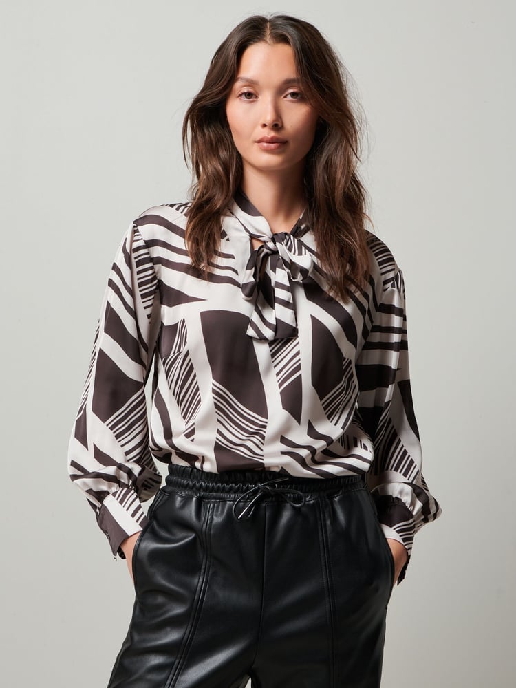 Monochrome Print Tie Neck Long Sleeve Blouse - Image 1 of 7